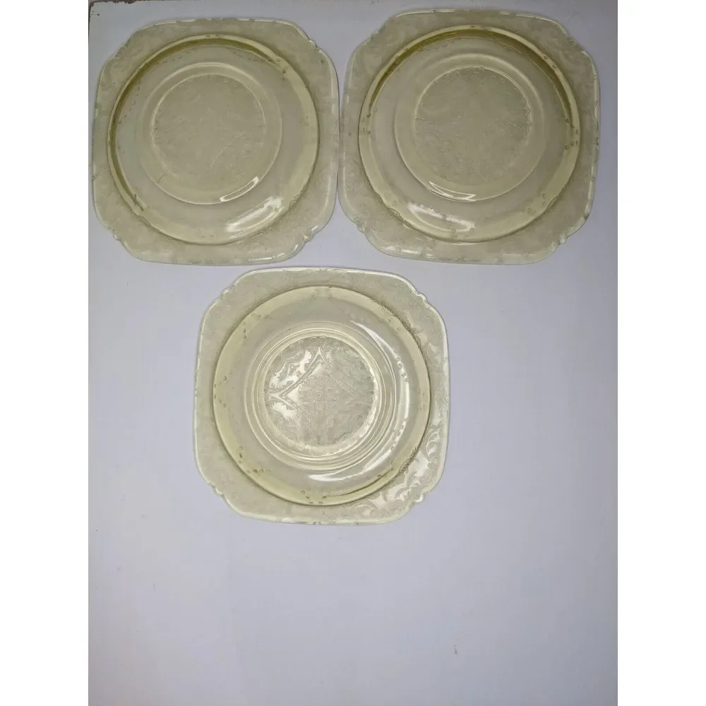 Set Of 3 Vintage Federal Glass Madrid Amber Square Plate‎ Yellow